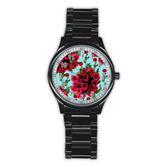 Roses Blue Stainless Steel Round Watch by snowwhitegirl