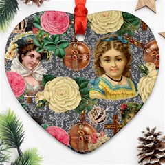 Damask Religious Victorian Grey Heart Ornament (two Sides) by snowwhitegirl