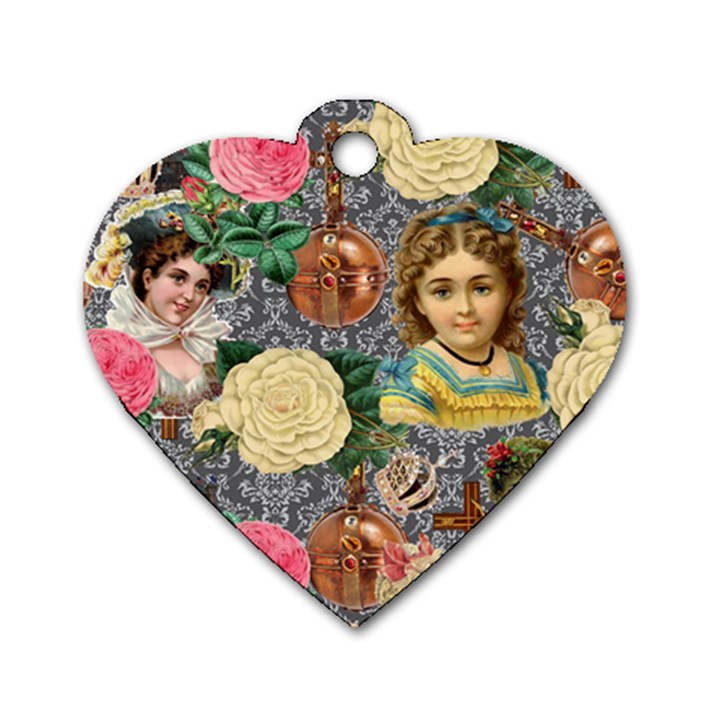 Damask Religious Victorian Grey Dog Tag Heart (Two Sides)