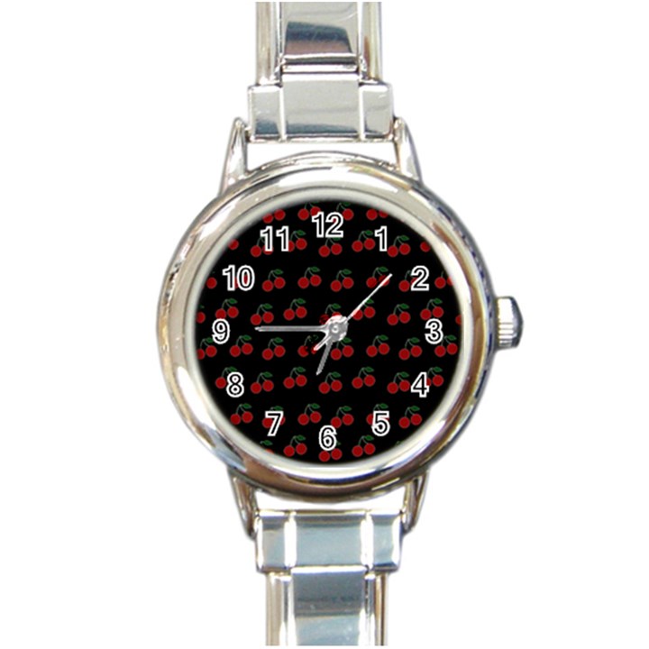 Cherries Black Round Italian Charm Watch