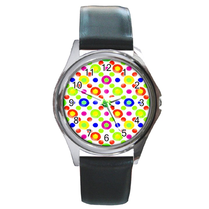 Multicolored Circles Motif Pattern Round Metal Watch