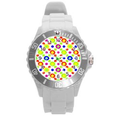 Multicolored Circles Motif Pattern Round Plastic Sport Watch (l) by dflcprints