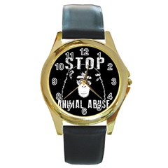 Stop Animal Abuse - Chimpanzee  Round Gold Metal Watch by Valentinaart