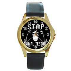 Stop Animal Testing - Chimpanzee  Round Gold Metal Watch by Valentinaart