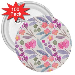 Purple And Pink Cute Floral Pattern 3  Buttons (100 Pack)  by paulaoliveiradesign