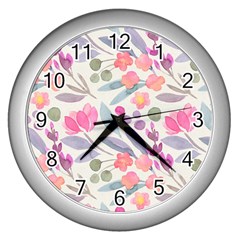 Purple And Pink Cute Floral Pattern Wall Clocks (silver)  by paulaoliveiradesign