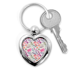 Purple And Pink Cute Floral Pattern Key Chains (heart)  by paulaoliveiradesign