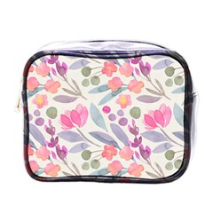 Purple And Pink Cute Floral Pattern Mini Toiletries Bags by paulaoliveiradesign