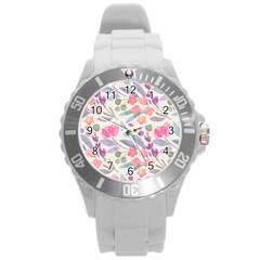 Purple And Pink Cute Floral Pattern Round Plastic Sport Watch (l) by paulaoliveiradesign