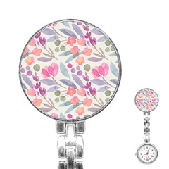 Purple And Pink Cute Floral Pattern Stainless Steel Nurses Watch by paulaoliveiradesign