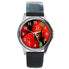 Red Strawberries Round Metal Watch by snowwhitegirl