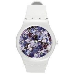 Rose Bushes Blue Round Plastic Sport Watch (m) by snowwhitegirl