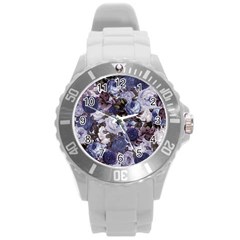 Rose Bushes Blue Round Plastic Sport Watch (l) by snowwhitegirl