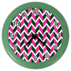 Chevron Pink Green Retro Color Wall Clocks by snowwhitegirl