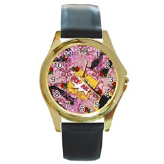 Red Retro Pop Round Gold Metal Watch by snowwhitegirl