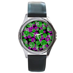 Neon Green And Pink Circles Round Metal Watch by PodArtist