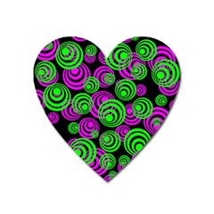 Neon Green And Pink Circles Heart Magnet by PodArtist