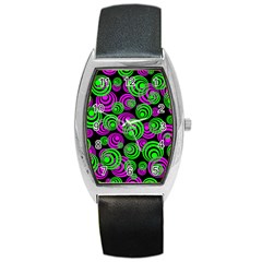 Neon Green And Pink Circles Barrel Style Metal Watch by PodArtist