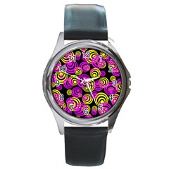 Neon Yellow And Hot Pink Circles Round Metal Watch by PodArtist