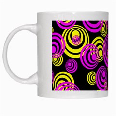 Neon Yellow And Hot Pink Circles White Mugs by PodArtist