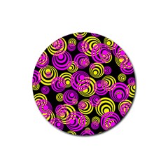 Neon Yellow And Hot Pink Circles Rubber Round Coaster (4 Pack)  by PodArtist