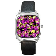 Neon Yellow And Hot Pink Circles Square Metal Watch by PodArtist