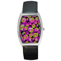 Neon Yellow And Hot Pink Circles Barrel Style Metal Watch by PodArtist