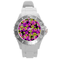 Neon Yellow And Hot Pink Circles Round Plastic Sport Watch (l) by PodArtist