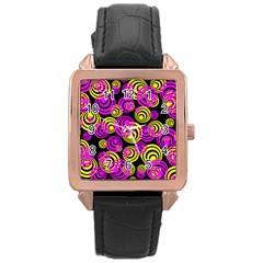 Neon Yellow And Hot Pink Circles Rose Gold Leather Watch  by PodArtist