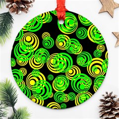 Neon Yellow And Green Circles On Black Ornament (round) by PodArtist