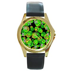 Neon Yellow And Green Circles On Black Round Gold Metal Watch by PodArtist