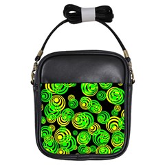 Neon Yellow And Green Circles On Black Girls Sling Bags by PodArtist