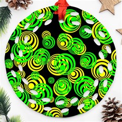 Neon Yellow And Green Circles On Black Ornament (round Filigree) by PodArtist