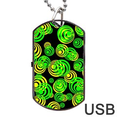 Neon Yellow And Green Circles On Black Dog Tag Usb Flash (one Side) by PodArtist