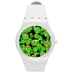 Neon Yellow And Green Circles On Black Round Plastic Sport Watch (m) by PodArtist