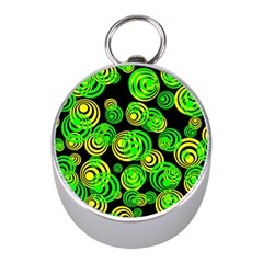 Neon Yellow And Green Circles On Black Mini Silver Compasses by PodArtist