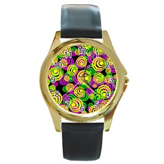 Bright Yellow Pink And Green Neon Circles Round Gold Metal Watch by PodArtist