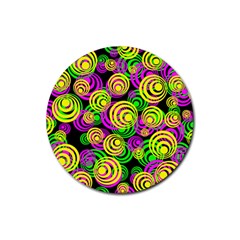 Bright Yellow Pink And Green Neon Circles Rubber Round Coaster (4 Pack)  by PodArtist