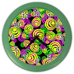 Bright Yellow Pink And Green Neon Circles Color Wall Clocks by PodArtist