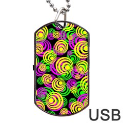 Bright Yellow Pink And Green Neon Circles Dog Tag Usb Flash (two Sides) by PodArtist