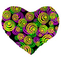 Bright Yellow Pink And Green Neon Circles Large 19  Premium Heart Shape Cushions by PodArtist