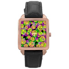 Bright Yellow Pink And Green Neon Circles Rose Gold Leather Watch  by PodArtist