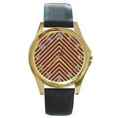 Gay Pride Flag Rainbow Chevron Stripe Round Gold Metal Watch