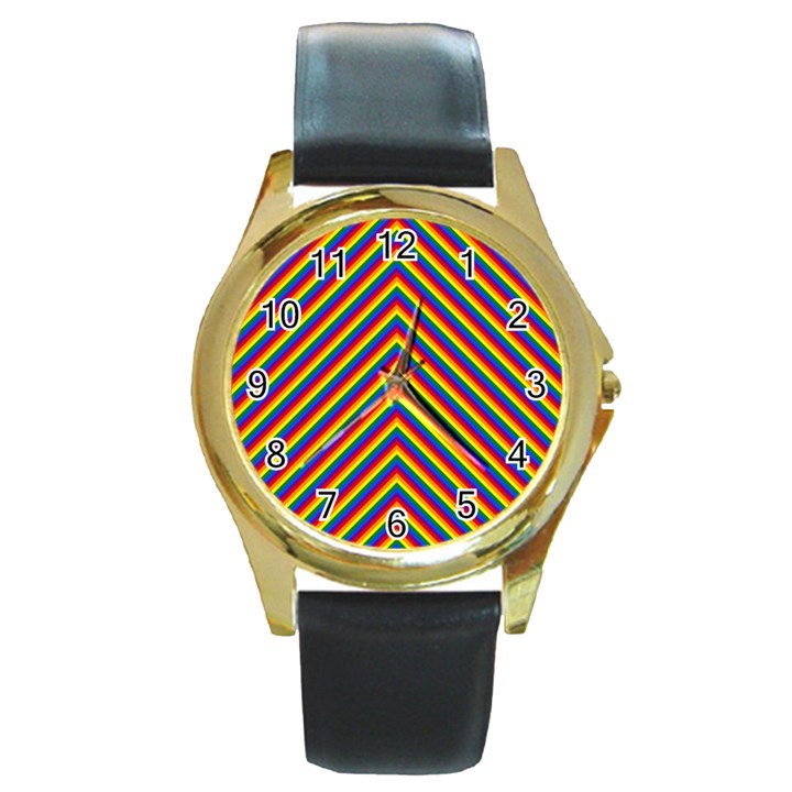 Gay Pride Flag Rainbow Chevron Stripe Round Gold Metal Watch