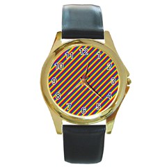 Gay Pride Flag Candy Cane Diagonal Stripe Round Gold Metal Watch by PodArtist