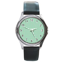 Green Shamrock Clover On White St  Patrick s Day Round Metal Watch by PodArtist