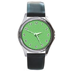 White Heart-shaped Clover On Green St  Patrick s Day Round Metal Watch by PodArtist