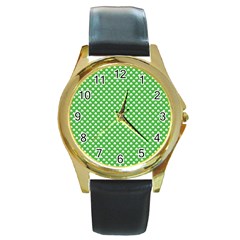 White Heart-shaped Clover On Green St  Patrick s Day Round Gold Metal Watch by PodArtist