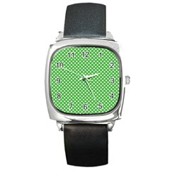 White Heart-shaped Clover On Green St  Patrick s Day Square Metal Watch by PodArtist