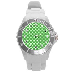 White Heart-shaped Clover On Green St  Patrick s Day Round Plastic Sport Watch (l) by PodArtist